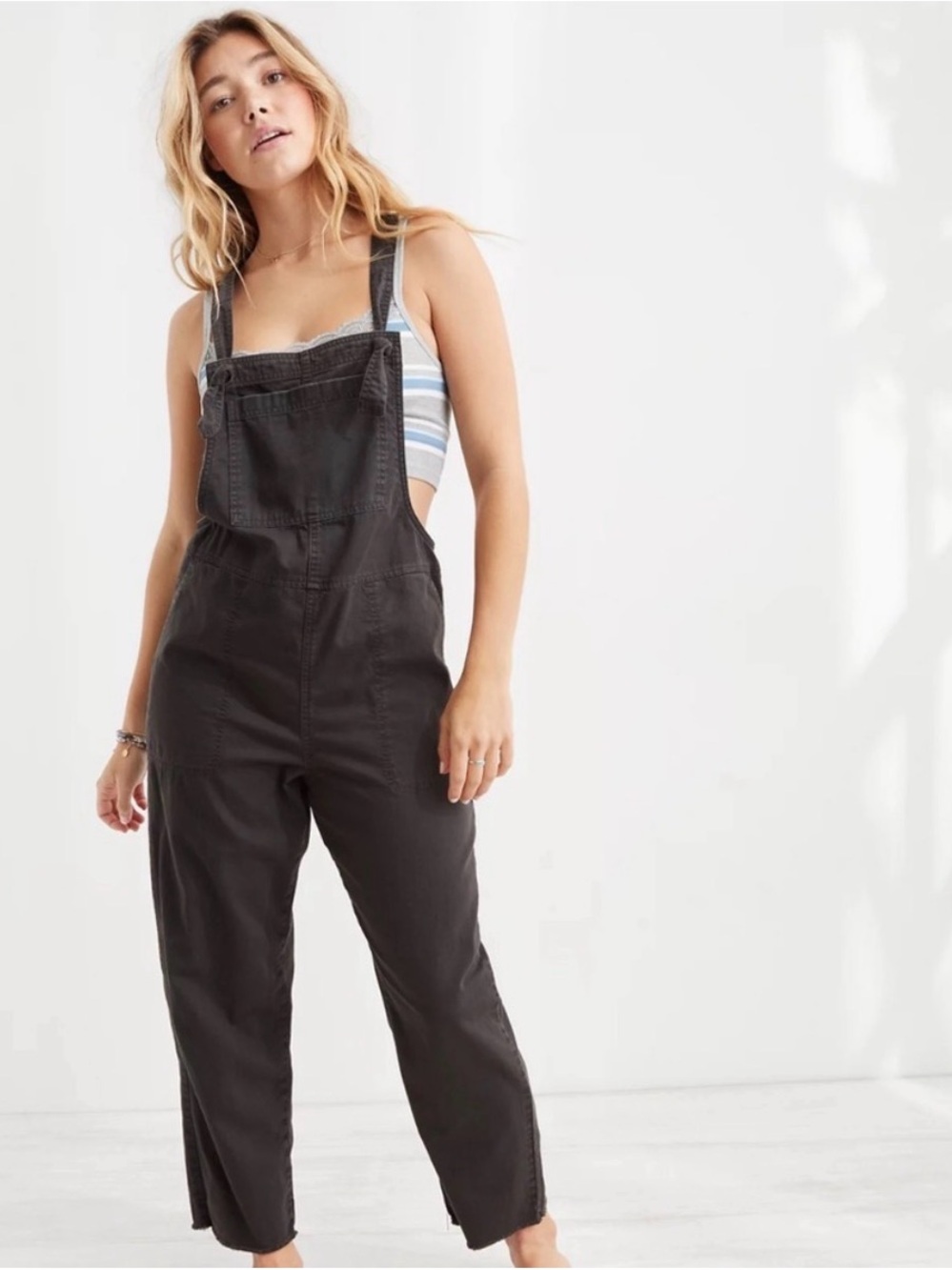 aerie Charcoal Black Denim Overalls